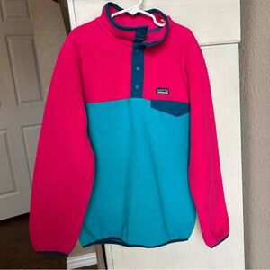 Colorblock pink and blue fleece pullover Patagonia kids large